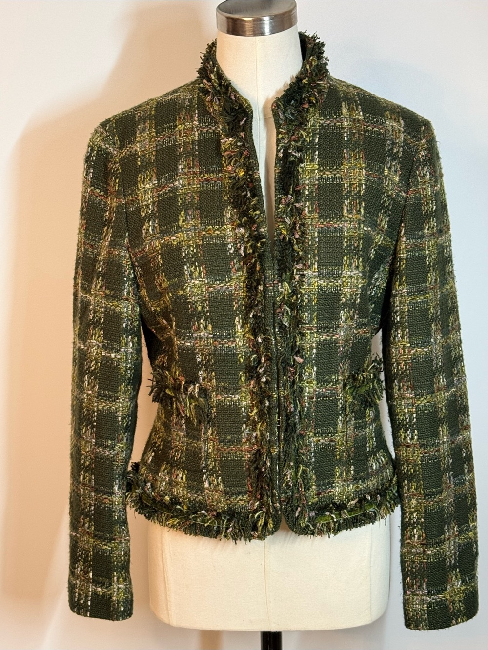 Allen B. By Allen Schwartz Green Plaid Tweed Fringe-Trim Blazer